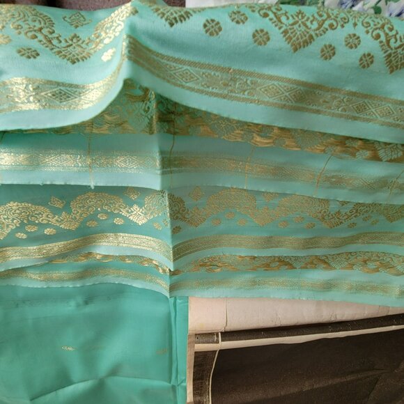 Seafoam Green Silk & Gold Banarasi Saree Sari 2 Pcs NEW 44W x 184L - Picture 15 of 16